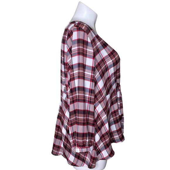 Torrid Georgette Tie-Front Blouse, Red Plaid Long Sleeve V-Neck Women's Size 3 - Picture 6 of 13
